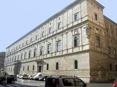 Façade of the Palazzo della Cancelleria in Rome with entrance to San Lorenzo in Damaso basilica