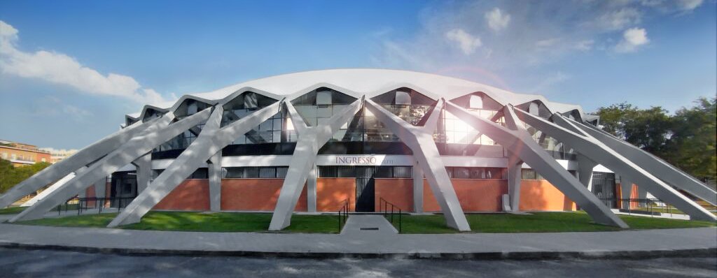 Exterior view of the Palazzetto dello Sport, a modern multifunctional sports building in Rome designed by Annibale Vitellozzi and Pier Luigi Nervi