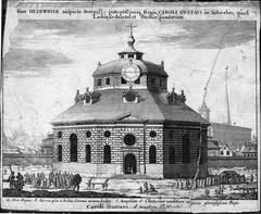 View of Hedvig Eleonora Church exterior facing north, architectural drawing by Jean de la Vallée from Suecia antiqua