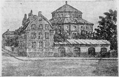 Historic 1850s print of Hedvig Eleonora Church exterior with priest's residence and various sheds enclosed by a wall