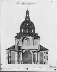 Exterior of Hedvig Eleonora Church with proposed central tower designed by C.F. Adelcrantz the younger in 1768, photo of drawing