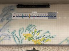 Blue and white azulejo tile panels by Júlio Resende at Jardim Zoológico metro station in Lisbon