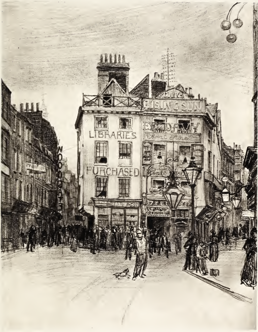 View of Holywell Street from St. Clement Danes church on Strand in London, detailed drawing