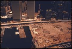 Aerial view of landfill site in Manhattan, New York for Battery Park City housing complex