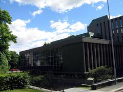 Interior view of Arts and Humanities Library at University of Bergen with bookshelves and study tables