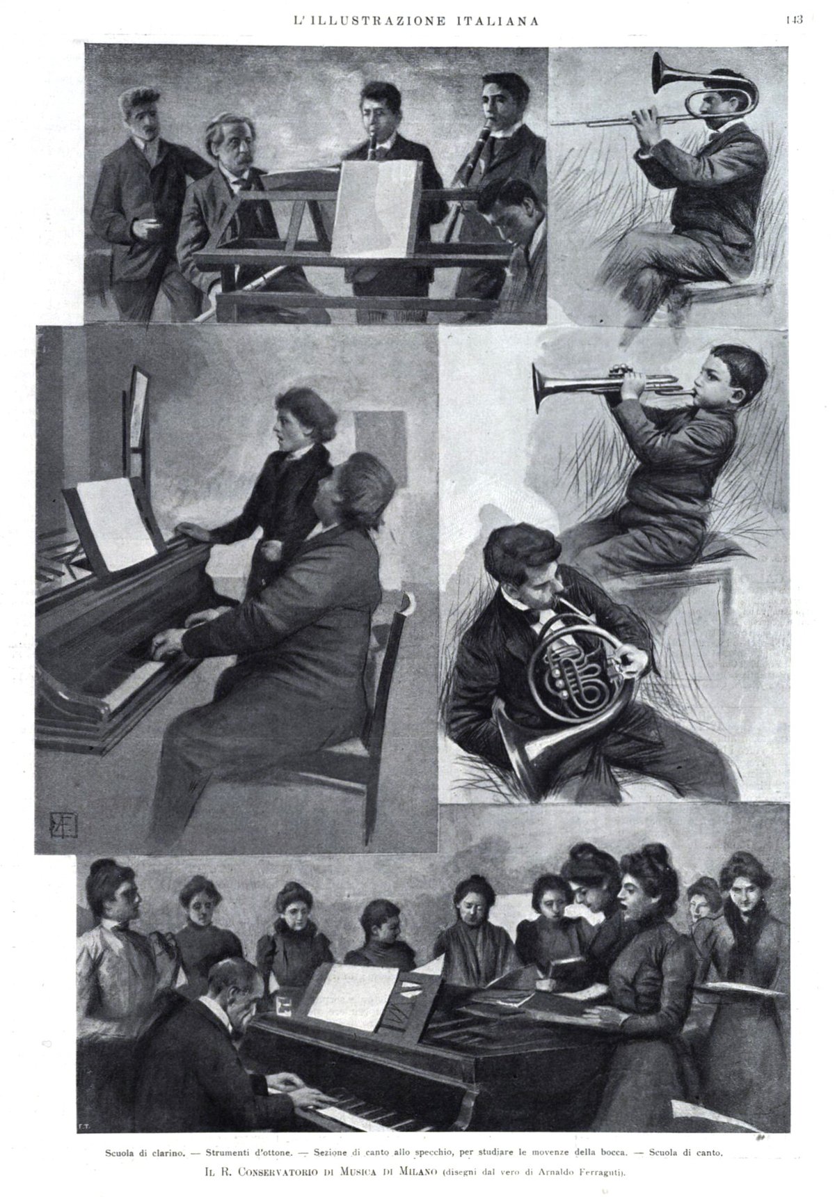 Brass instrument clarino school with mirror section for studying mouth movements, Real Conservatorio di Musica di Milano