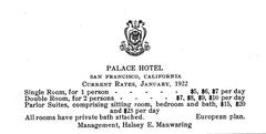 Palace Hotel San Francisco 1922 Rate Card