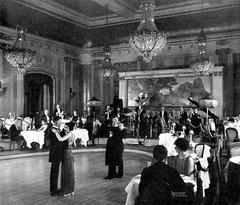 Main Ballroom with elaborate ceiling and grand chandeliers at Palace Hotel San Francisco in 1920