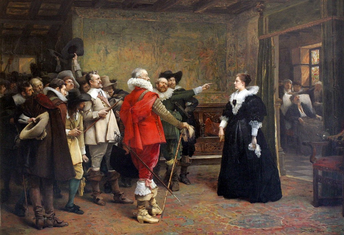 Polyxena of Lobkowitz protecting royal officials Slavata and Martinic after being thrown out of windows of Prague royal castle 1618, painting by Václav Brožík