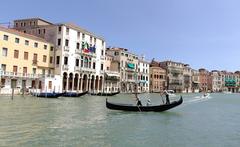 View from Pescaria di Rialto in Venice overlooking Grand Canal towards southeast with Palazzo Michiel dalle Colonne on left and Fabbriche Nuove di Rialto on right