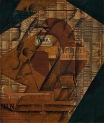 Still life painting of a bottle of rum and a newspaper on a table
