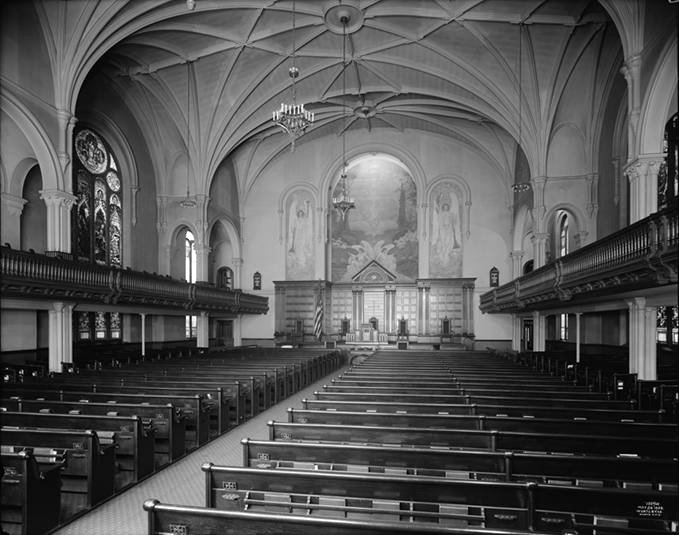 Interior view of the former Madison Avenue Reformed Church, later Central Presbyterian Church, showcasing architectural details