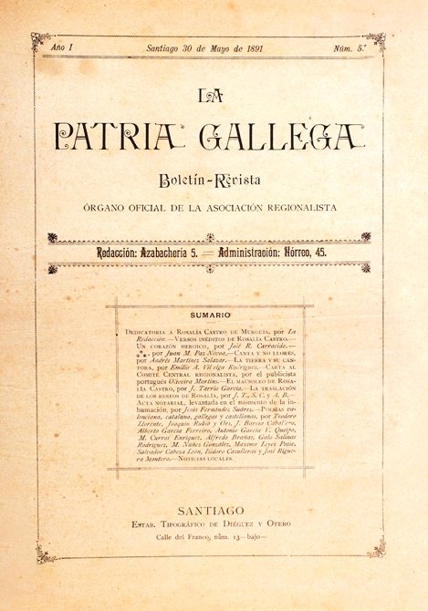 Cover of La Patria Gallega newspaper from Santiago de Compostela dated May 30, 1891, dedicated to Rosalía de Castro