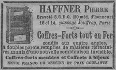 Vintage advertisement for Pierre Haffner safes from 1879 featuring elegant typography and design