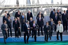 President Barack Obama, NATO Secretary General Jaap de Hoop Scheffer and NATO leaders stepping down from photo platform at 2009 NATO Strasbourg–Kehl summit
