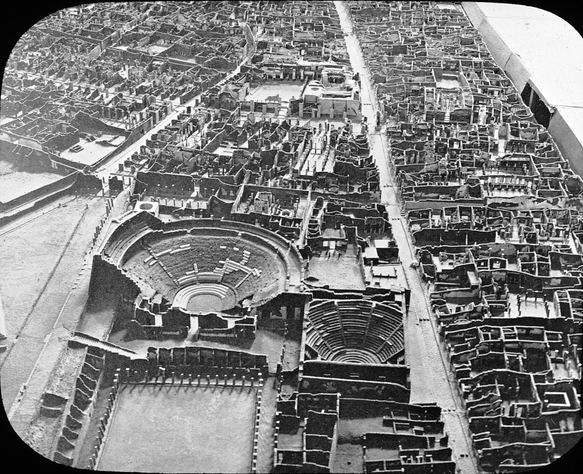 A cork model of the ancient Roman town of Pompeii showing detailed excavated structures from above