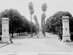 Entrance to City Park at Esplanade and Carrollton in New Orleans with stately palm trees and view of Delgado Museum in 1936