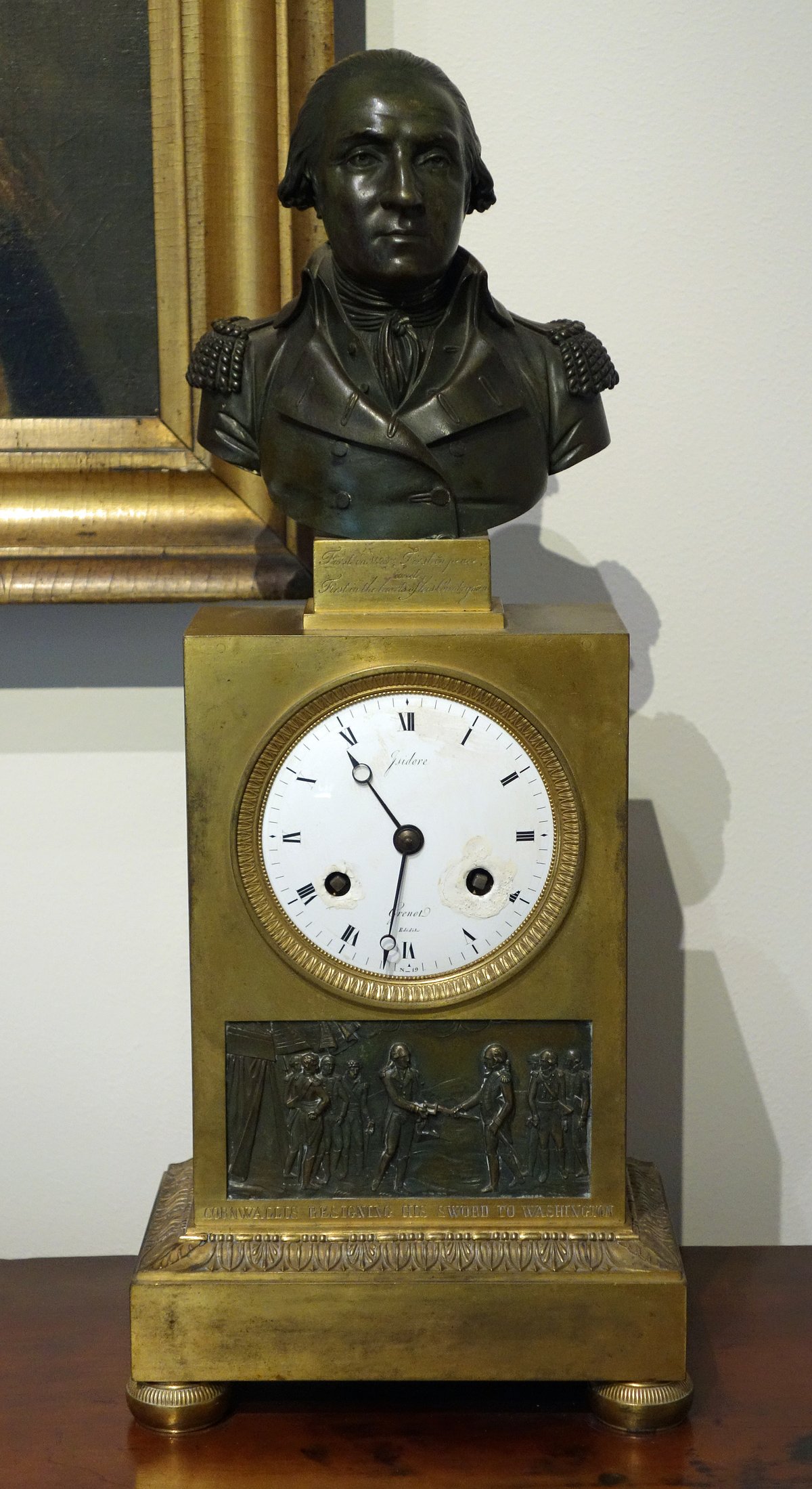 French mantel clock circa 1820 featuring George Washington and Cornwallis figurines