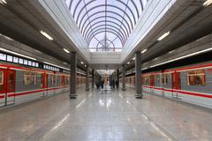 Two trains ready to depart from Hůrka Prague Metro station with closed doors