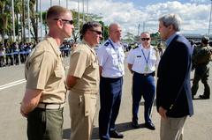 U.S. Secretary of State John Kerry speaking with U.S. military personnel at Jomo Kenyatta International Airport in Nairobi, Kenya on May 3, 2015