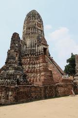 Grand prang central and one of the four surrounding small prangs at Wat Chai Watthanaram temple in Thailand