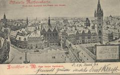 Historic postcard of Frankfurt am Main showing the new Römer town hall buildings with the tower Langer Franz and Kleiner Kohn from Grosser Kornmarkt in 1903