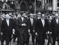 US President John F. Kennedy walking with German Vice Chancellor Ludwig Erhard in front of Frankfurt's Paulskirche in 1963