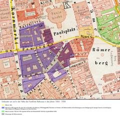 Römer building in Frankfurt Altstadt surrounded by historic structures depicted in an 1862 Ravenstein plan with color highlights for changes from 1866 to 1908