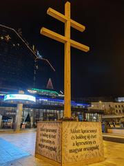 View of Budapest Nyugati tér with the kettőskereszt cross monument