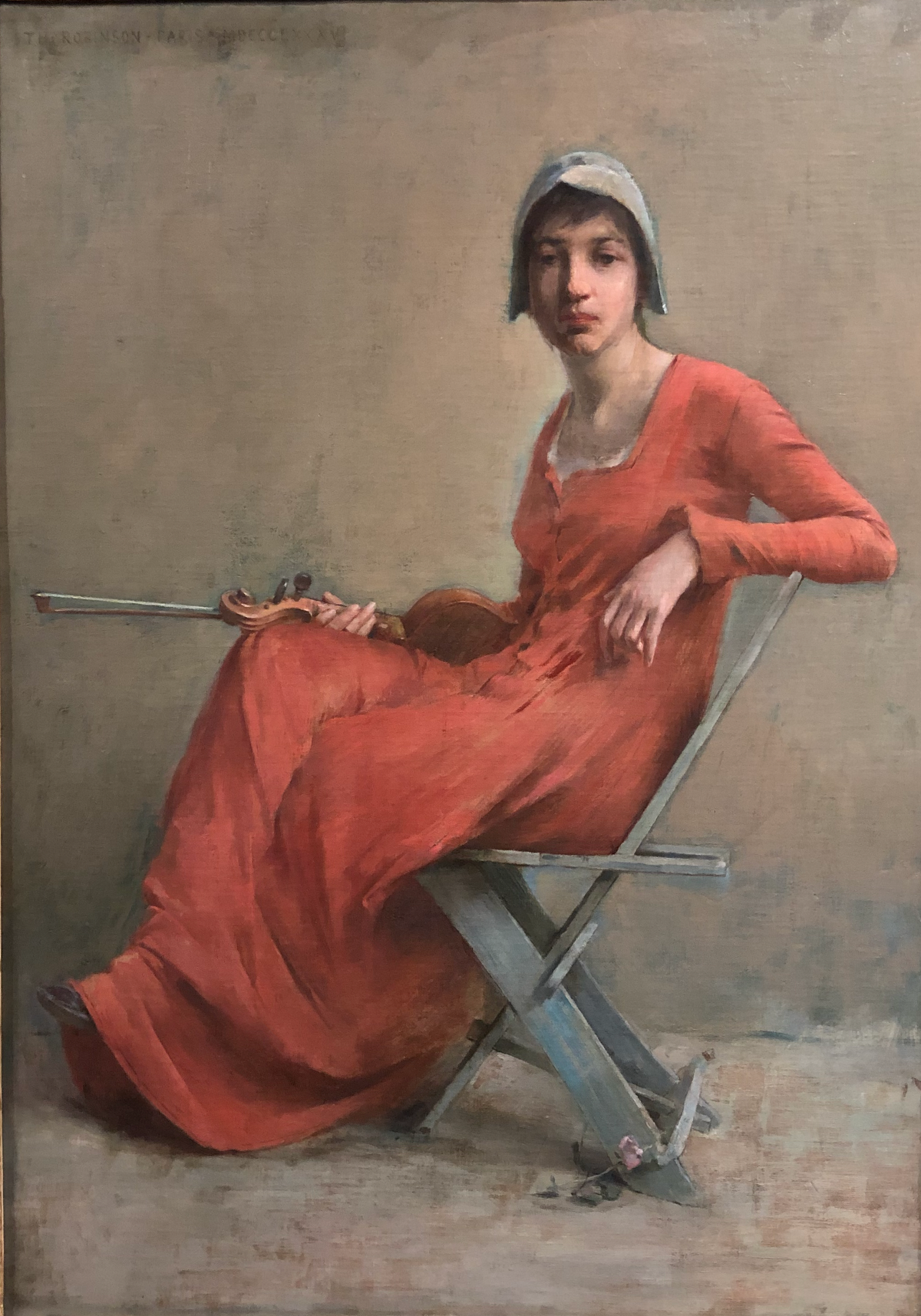 Reverie painting of a young woman holding a violin and a rose by Theodore Robinson