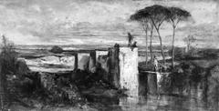 Sunset over tombs near Cairo with rich colors and thick paint resembling Decamps' style