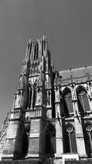 Front view of Cathédrale Notre-Dame de Reims with Gothic architecture and detailed facade