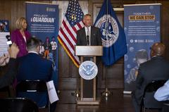 Homeland Security Secretary Alejandro Mayorkas holding a press conference at Alexander Hamilton US Custom House