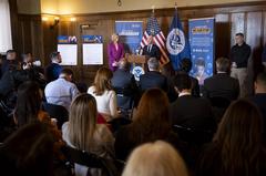 Homeland Security Secretary Alejandro Mayorkas speaking at Know2Protect launch press conference in New York City