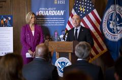 Homeland Security Secretary Alejandro Mayorkas at Know2Protect billboard in Times Square NYC April 2024