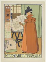 Vintage 1897 poster showing a woman in a fashionable cape and hat viewing an art print inside the Lembrée art shop in Brussels with a telephone mounted on the wall