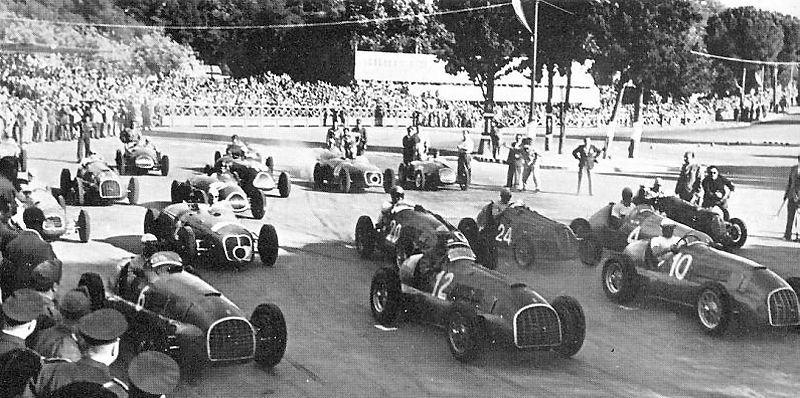 Start of the 1949 Rome Grand Prix with 17 race cars lined up, featuring mostly Italian drivers and cars including Ferrari and Maserati models