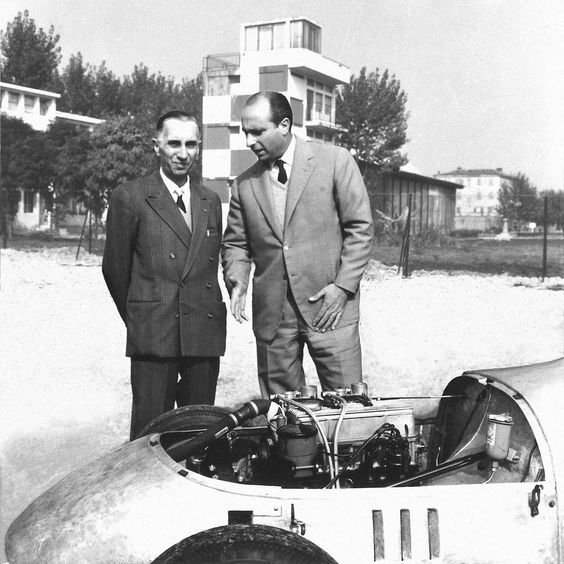 Vittorio Stanguellini and Juan Fangio with Stanguellini Junior car in late 1950s