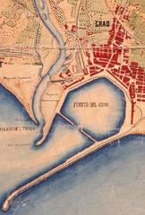 Historical map of El Grau, Valencia from 1883 showing the north direction to the right