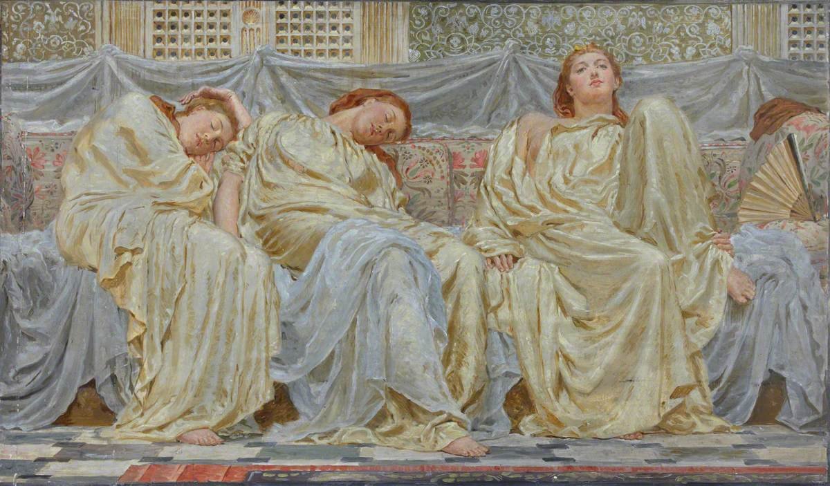 The Dreamers painting by Albert Joseph Moore showing three women in flowing dresses lying on cushions in a serene and dreamy setting