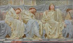 The Dreamers painting by Albert Joseph Moore showing three women in flowing dresses lying on cushions in a serene and dreamy setting