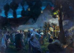 A lively village dance scene with multiple figures dancing and socializing