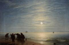 The Summer Moon by Charles Lees depicting people gathering bait on a coastal landscape under a bright sky