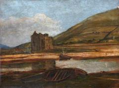 Landscape painting with boats washed ashore on a beach and calm water in the background
