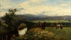 Landscape painting of the banks of Allan Water river with lush greenery and trees