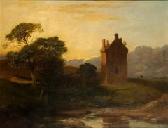 Invermark Castle in Forfarshire with green landscape and stone structure