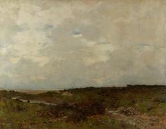 Painting of a cloudy and overcast sea beach with muted colors