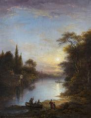 Scenic river landscape with a bridge and stone buildings by Alexander Nasmyth