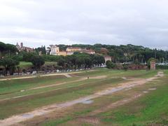 Aerial view of the Circo Massimo in Rome showcasing the ancient Roman chariot race track
