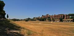 Aerial view of Circus Maximus in Rome from the southeastern corner showing the ancient Roman chariot racing stadium